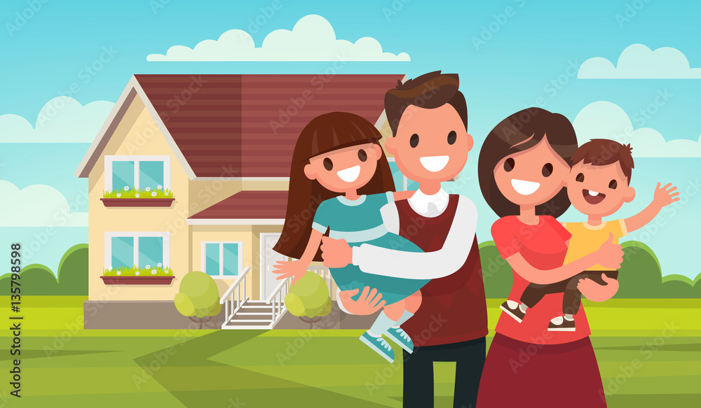 Happy family in the background of his home Happy family in the background of his home