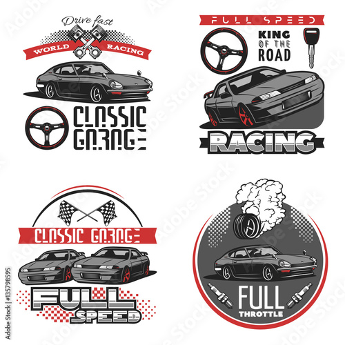 Set of car racing colored emblems, labels, logos and racing badges with descriptions of classic garage, full speed, world racing. isolated vector illustration