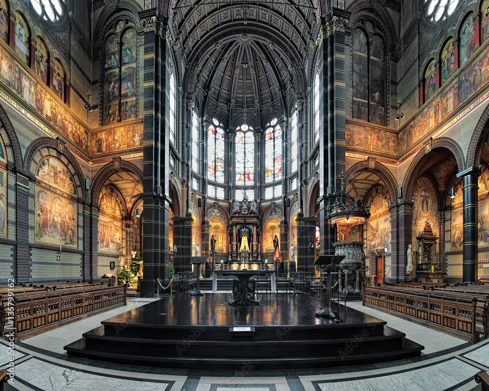 Chancel and altar of Basilica of St. Nicholas (Nicolaaskerk) in Amsterdam, the city's major Catholic church, Netherlands