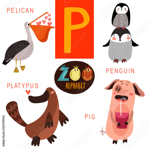 Cute zoo alphabet - P  letter. photo