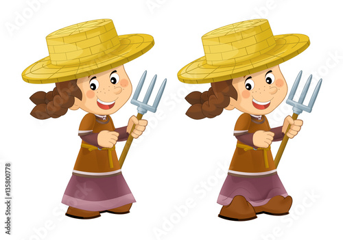 Cartoon farm girl in the straw hat - illustration for children