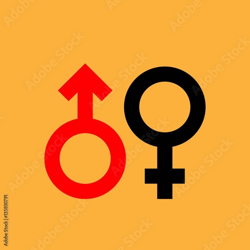 Male and female signs of a heart on  yellow
