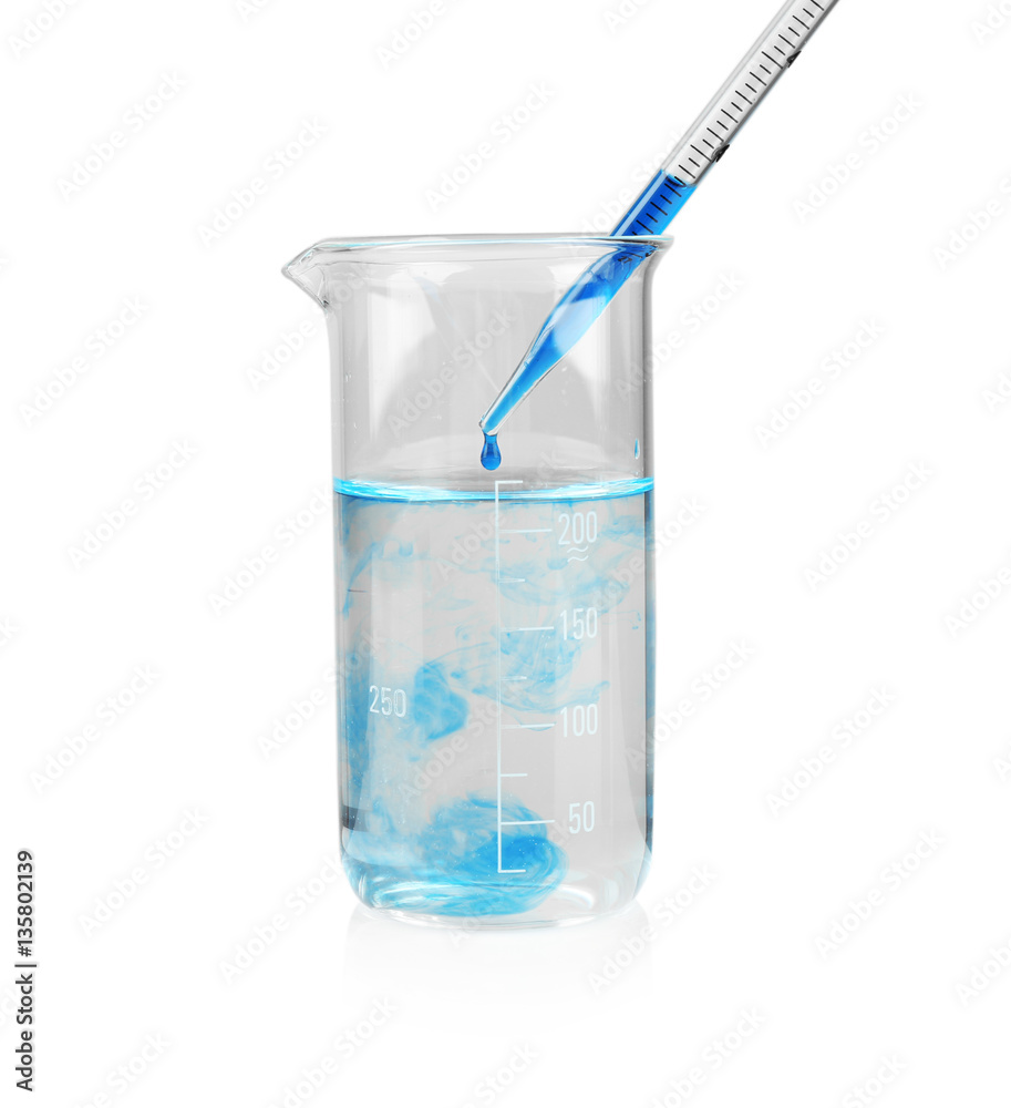Beaker with color water and glass pipette on white background Beaker with color water and glass pipette on white background