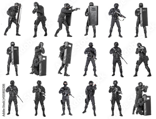 Fotomural Set of police officers SWAT with firearms ballistic shield studio shot isolated