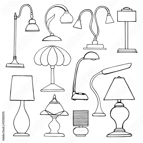 Set lamps isolated on white background. Vector illustration in a sketch style.