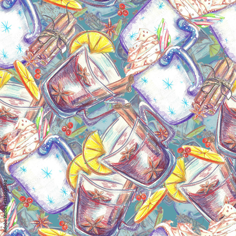 Watercolor seamless pattern. Mug of cocoa with cream and marshma
