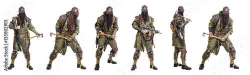Fotografie Set of nuclear post apocalypse survivors with homemade weapons and cold steel on white background