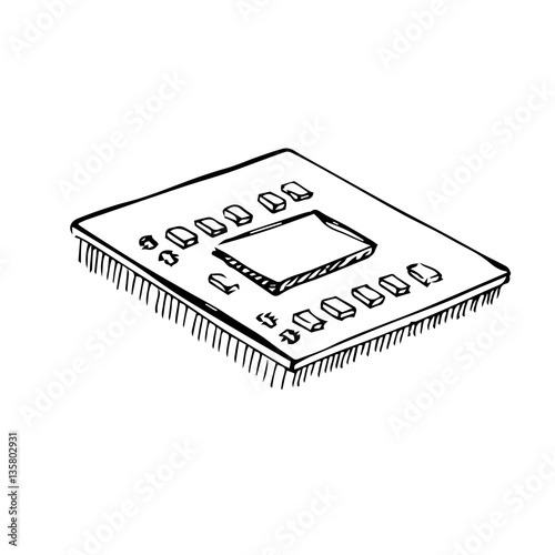 Microprocessor, cpu, processor isolated on white background. Vector illustration in a sketch style.