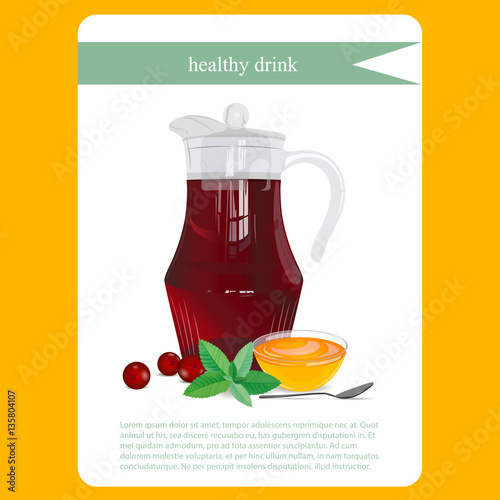 Compote in jug with mint, cranberry and honey. Menu item or sticker. Fresh healthy drink in icon. Vector illustration.