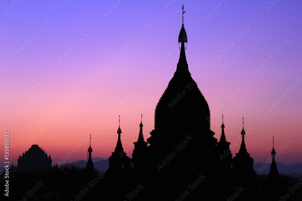 Pagoda silhouette in the beautiful colorful sunset, Bagan, Myanmar