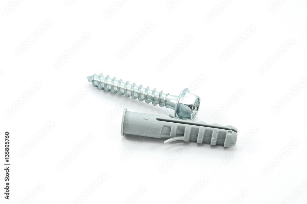 Screw and dowel isolated on white background Screw and dowel isolated on white background