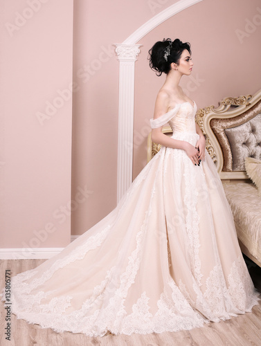 gorgeous bride with dark hair in luxuious wedding dress photo