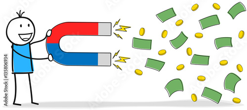 Figur zieht mit einem Magnet das Geld an