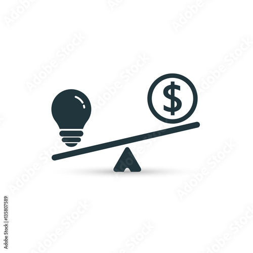 Light bulb and money on scales icon. Vector flat black symbol. Business concept.