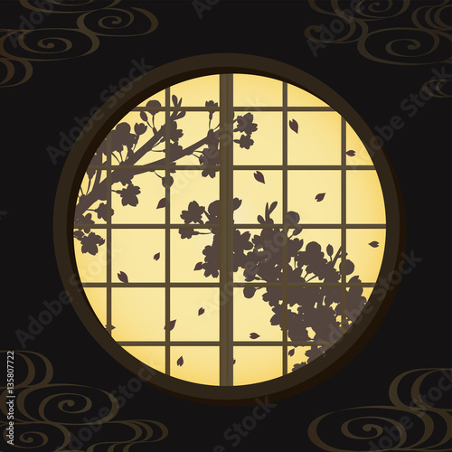 丸窓に映る桜の景色