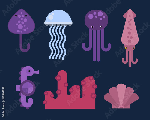 Sea animals marine life character vector illustration.