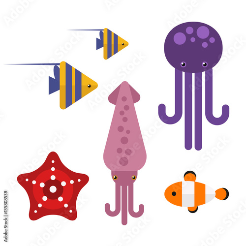 Sea animals marine life character vector illustration.
