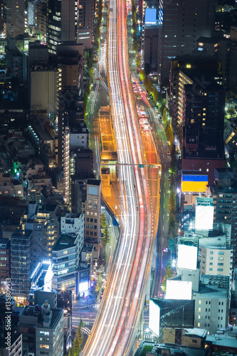 Top view Tokyo city road night view, long exposure, Japan