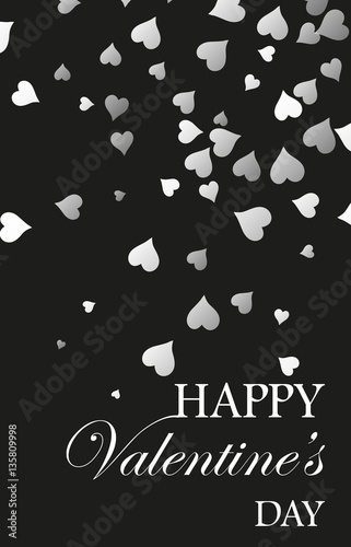 simple card for Valentine s day. Black and white style, falling hearts. Design element, poster.