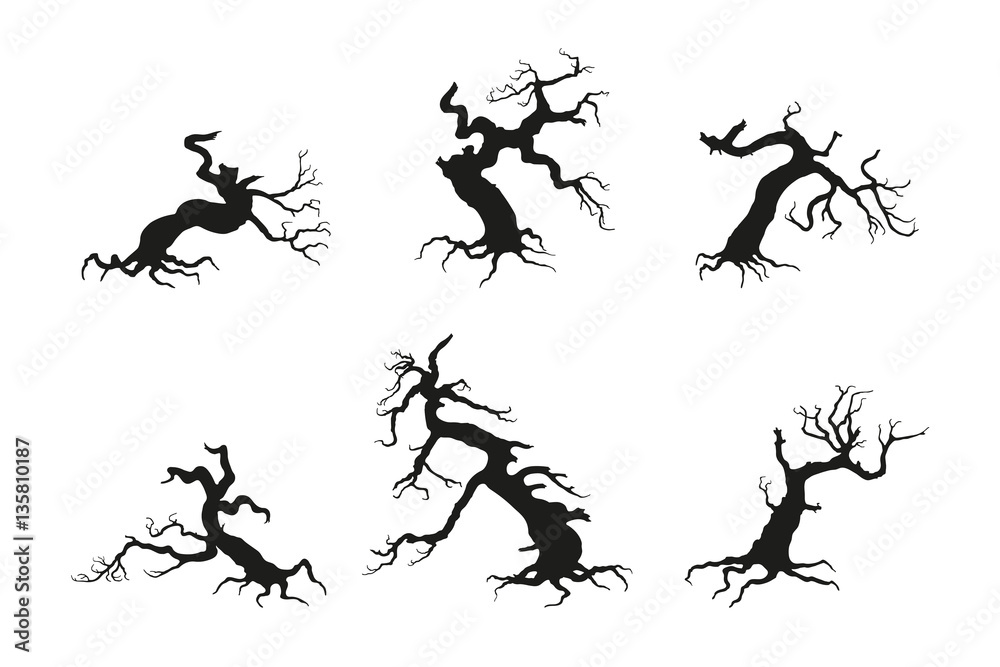 Silhouette of the old broken tree on a white background. Black d Silhouette of the old broken tree on a white background. Black d