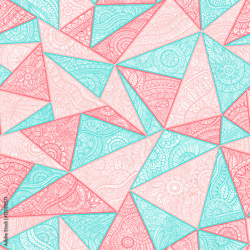 Seamless summer pattern patchwork. Zentangl with elements of flowers, leaves, geometric abstractions. Print for your textile. Blue, pink, red and white colors.