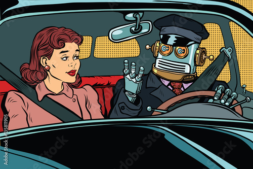 Vintage retro robot autopilot car, woman passenger in unmanned v
