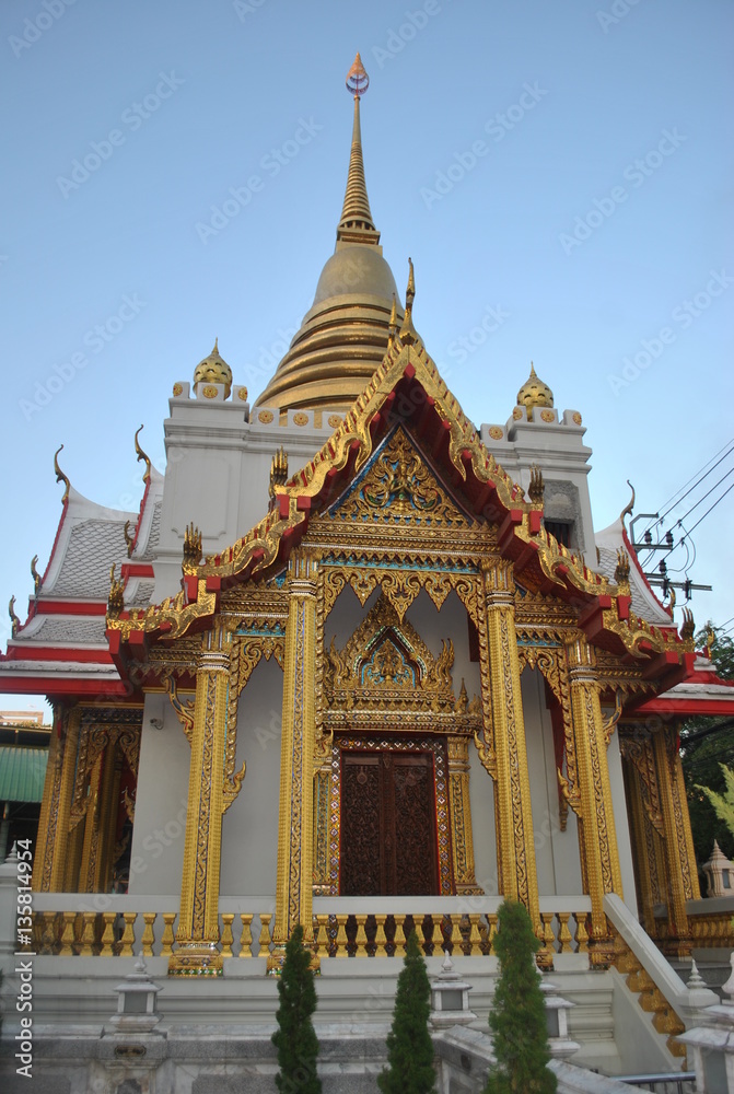 Beautiful Gold Stupa And Buddhist Building Wat Samien Nari Temple In Bangkok Thailand