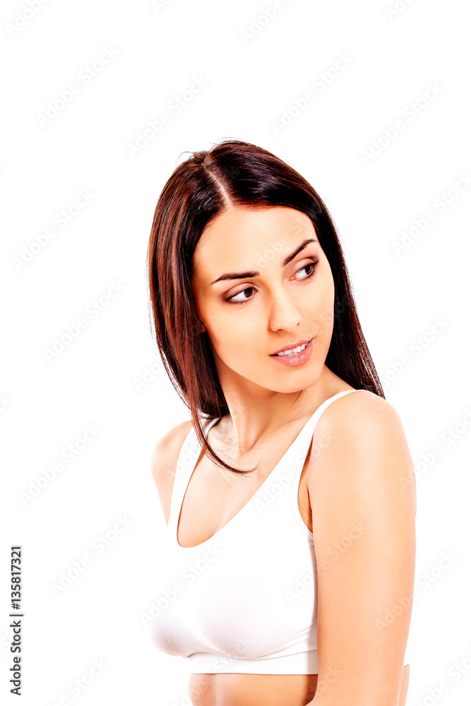 Portrait of beautiful fit girl in bra. Isolated on white. Portrait of beautiful fit girl in bra. Isolated on white.