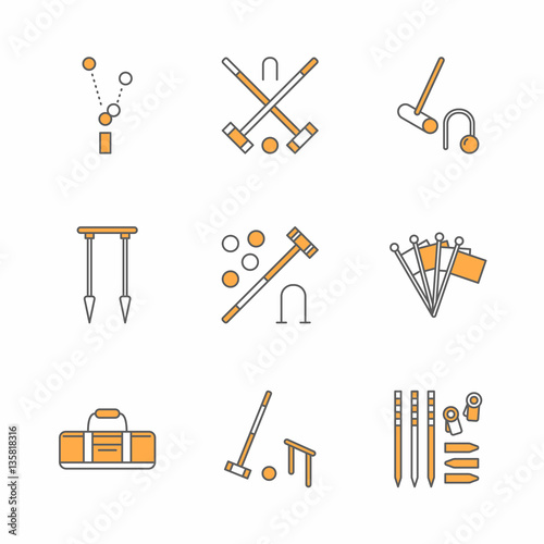 Croquet sport game vector line icons. Ball, mallets, hoops, pegs, corner flags. Garden, lawn activities signs set, championship pictograms with editable stroke for club, equipment store.