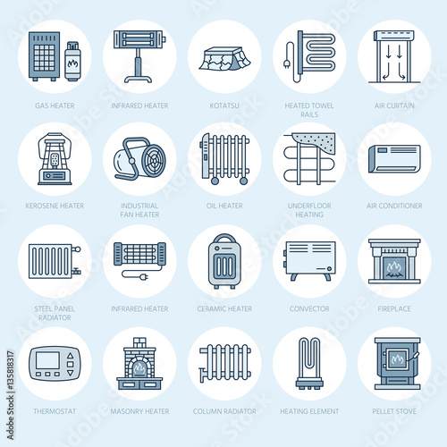 Oil heater, fireplace, convector, panel column radiator and other house heating appliances line icons. Home warming thin linear pictogram such as kotatsu, Russian oven. Equipment store signs.
