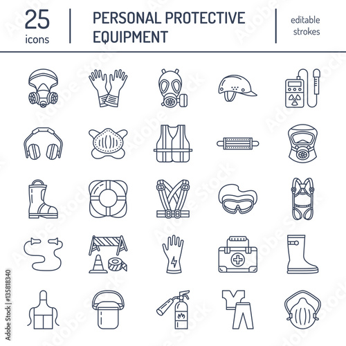 Personal protective equipment line icons. Gas mask, ring buoy, respirator, bump cap, ear plugs and safety work garment. Health protection thin linear signs.