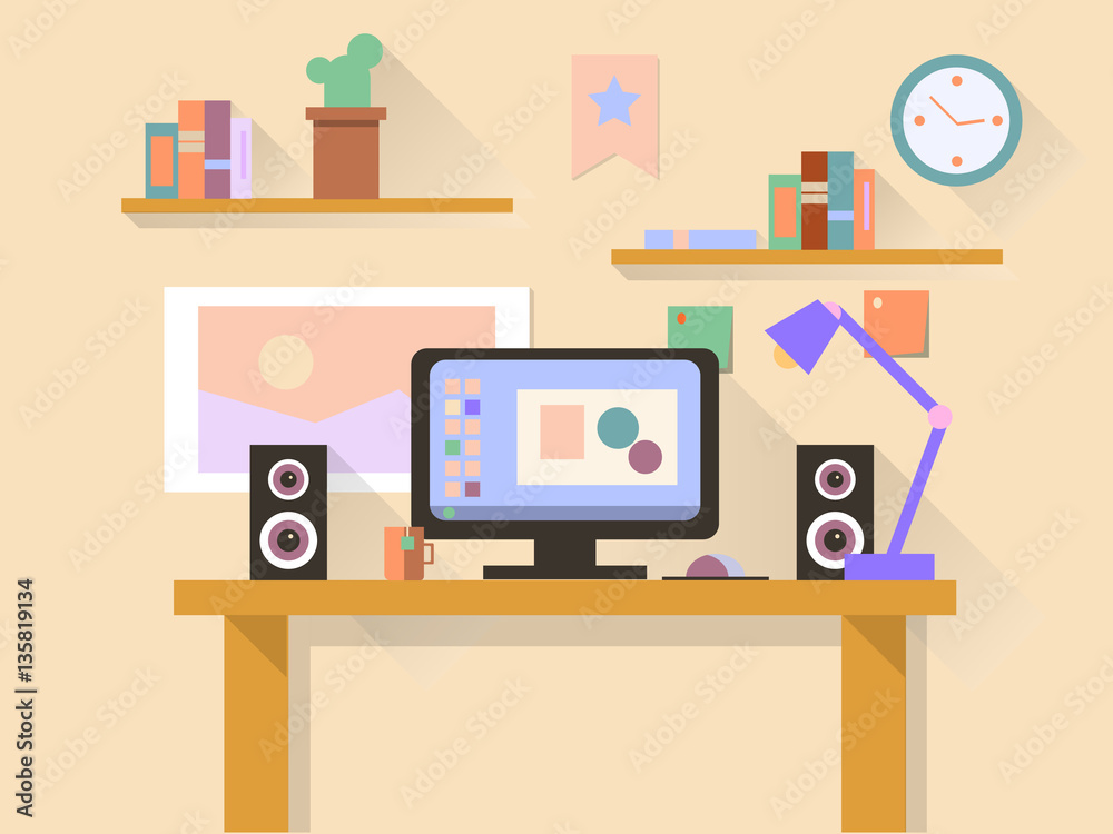 Workplace with modern computer on table. Vector illustration. Workplace with modern computer on table. Vector illustration.