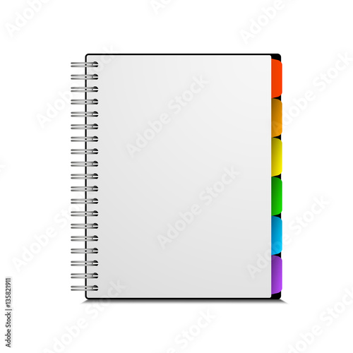 Vector template of notebook with colored bookmarks, isolated on white