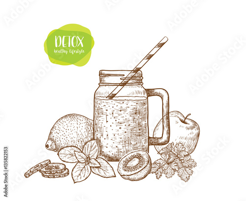 Smoothie. Detox water and drinks. Sketches of vegan food for cooking cards, stickers, labels, tags.