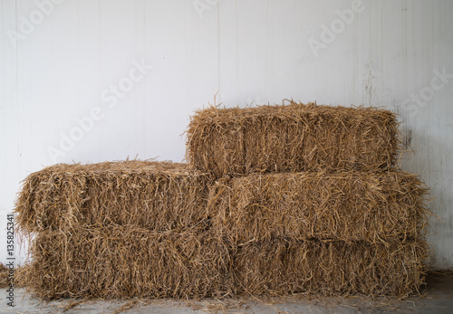 Bales of rice straw in countryside