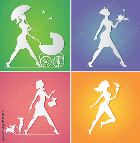 Woman walking with baby carriage. Waitress. Lady and dog.