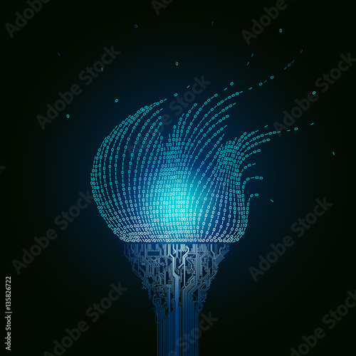 A burning blue torch, consists of  printed circuit boards, the flame from the binary code. Artifact from the abstract of cyberspace