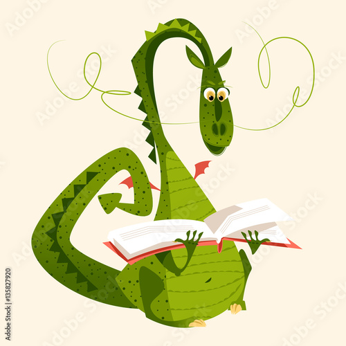 Dragon sitting and reading a book. Diada de Sant Jordi (the Saint George’s Day). Traditional festival in Catalonia, Spain. 
