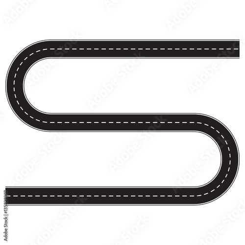 Asphalt road isolated on white background. Vector illustration of winding road. Car traffic design template.