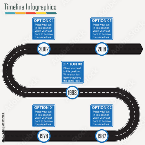 Timeline infographics template with arrow from the asphalt winding road and road signs. Horizontal design elements. Traffic concept. Colorful vector illustration.