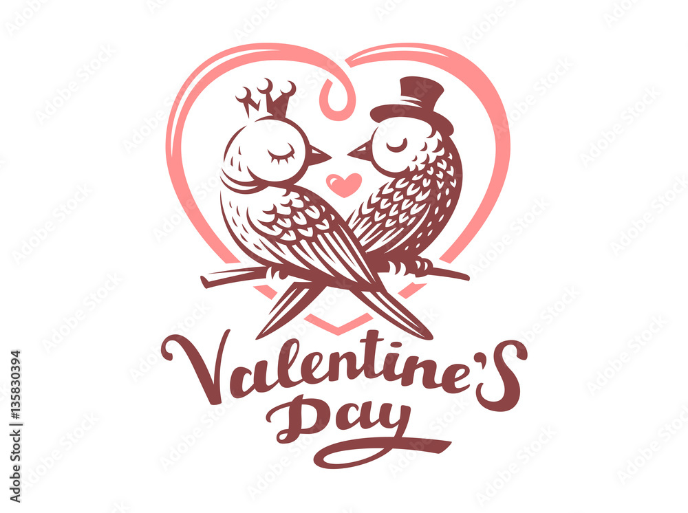 Fototapeta premium Happy Valentine Day Lettering with birds logo, vector illustration, emblem design on white background