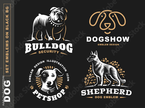 Set logo illustration dog, pet emblem design on black background