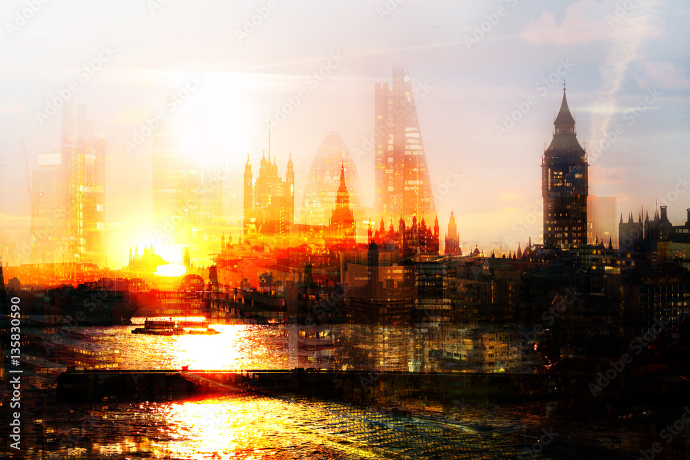 Big Ben and Houses of Parliament at sunset,  Multiple exposure image with night lights reflections. 