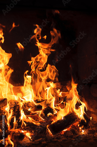 Closeup image of fire from burning woods logs