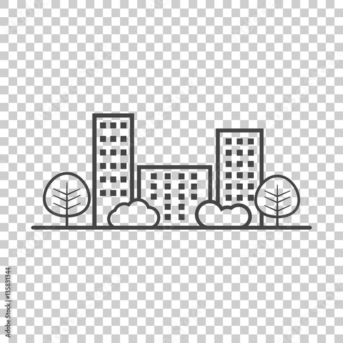 Vector city illustration in flat style. Building  tree and shrub on isolated background