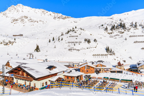 View of mountain hut restaurants in Obertauern ski area, Austria