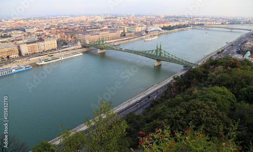 City of Budapest - View from Gellért Hill looking southeast along the Danube River, Budapest, Hungary. In view are Liberty Bridge and Petőfi Bridge.