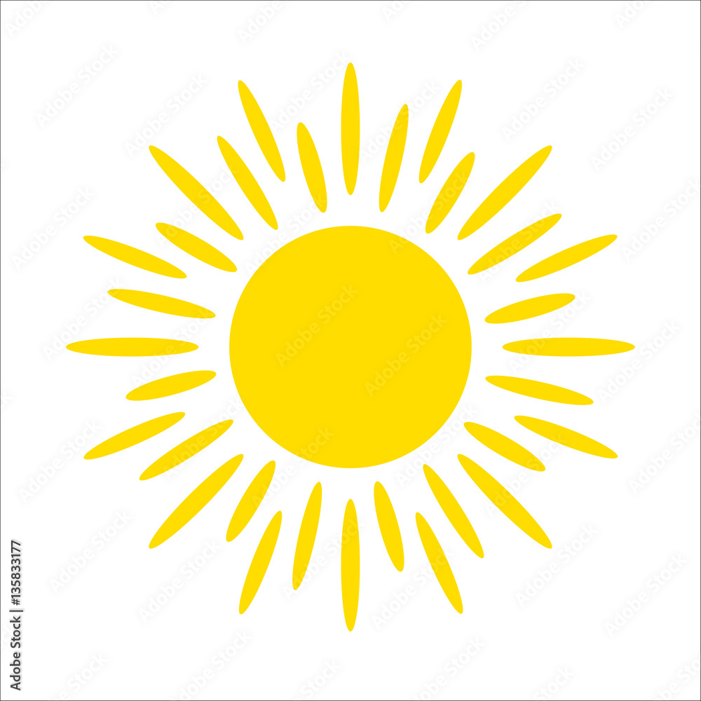 Yellow sun icon isolated on white background. Flat sunlight, sign. Trendy vector summer symbol for website design, web button, mobile app. Yellow sun icon isolated on white background. Flat sunlight, sign. Trendy vector summer symbol for website design, web button, mobile app.