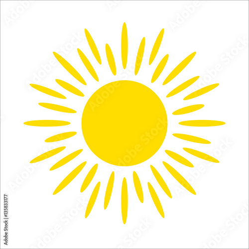 Yellow sun icon isolated on white background. Flat sunlight, sign. Trendy vector summer symbol for website design, web button, mobile app.