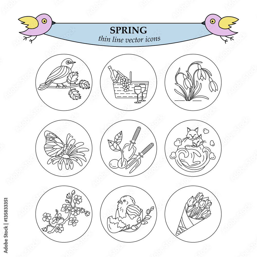 Spring thin line vector icons.
